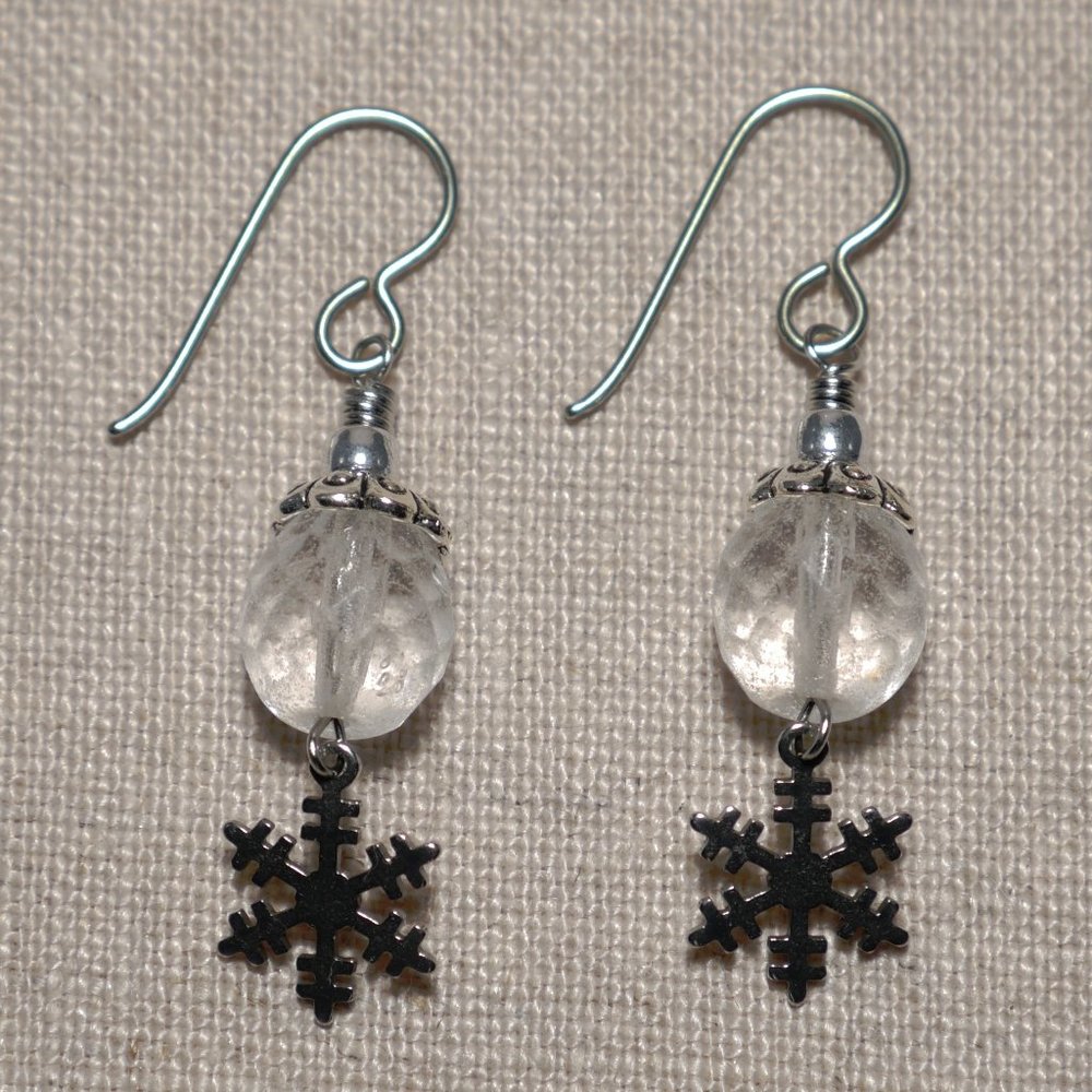 Hand Crafted Handmade Earrings Snowflake Earrings with Frosted Czech Gla…
